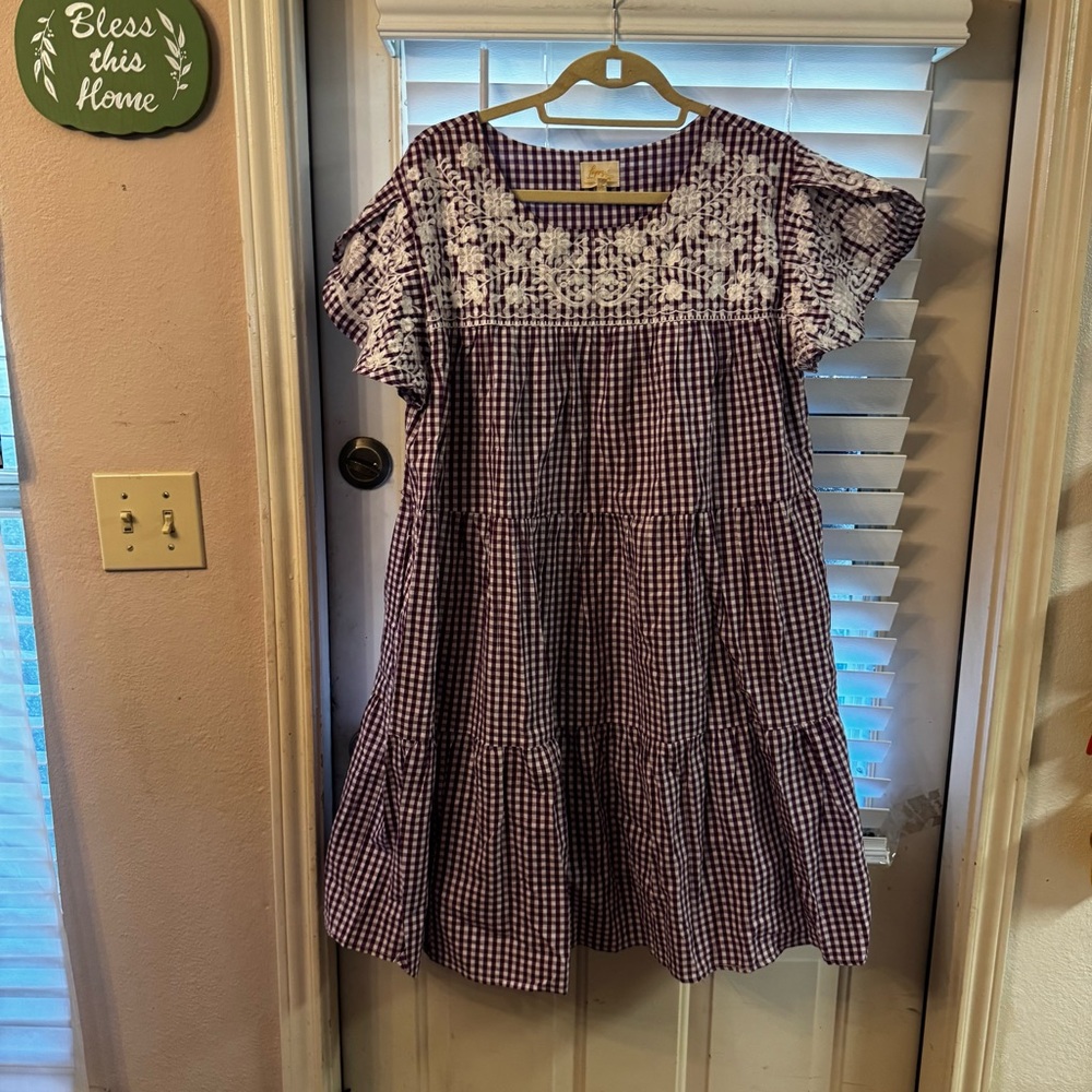 Purple and White Gingham Dress with Lace